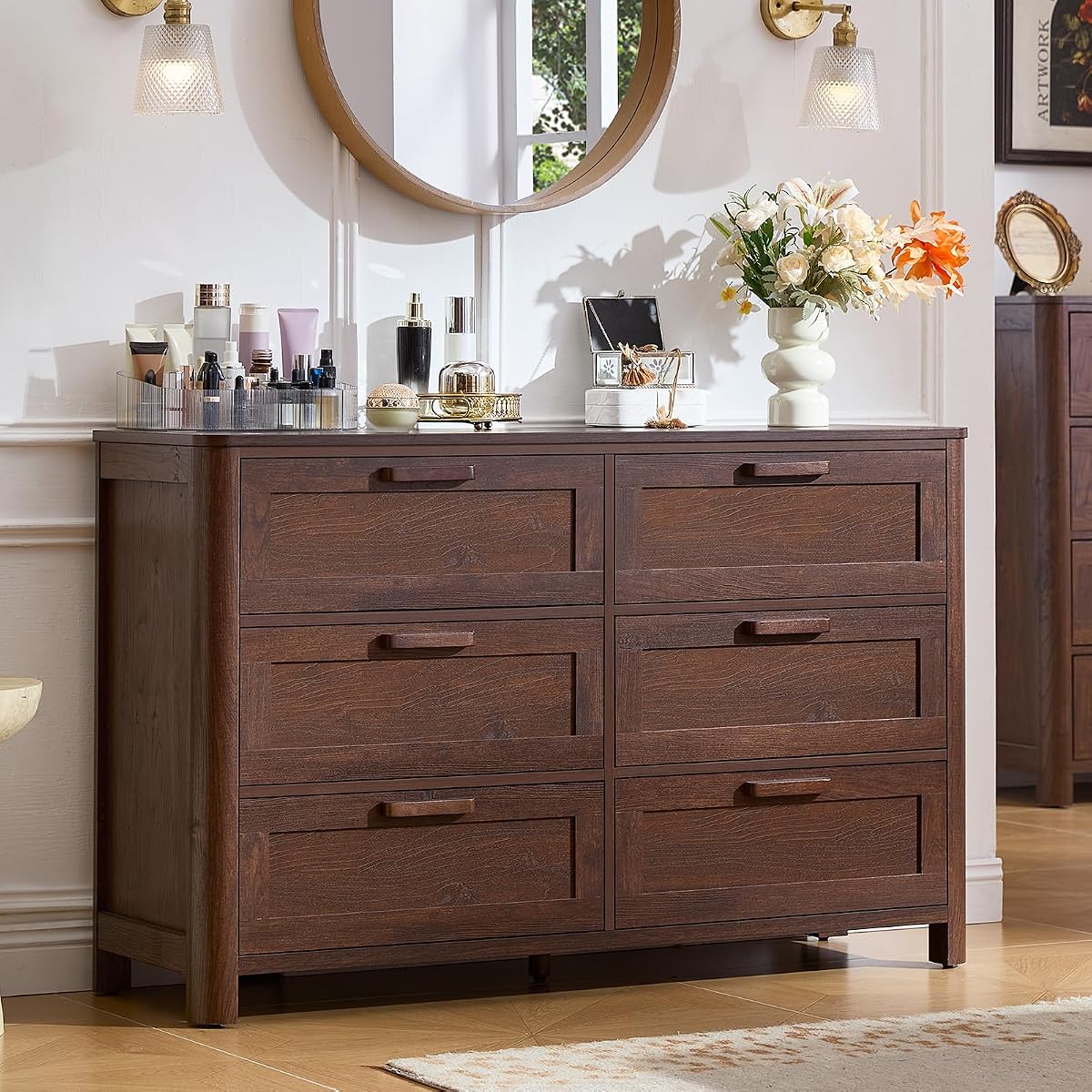 Farmhouse 6 Drawer Dresser for Bedroom, Walnut