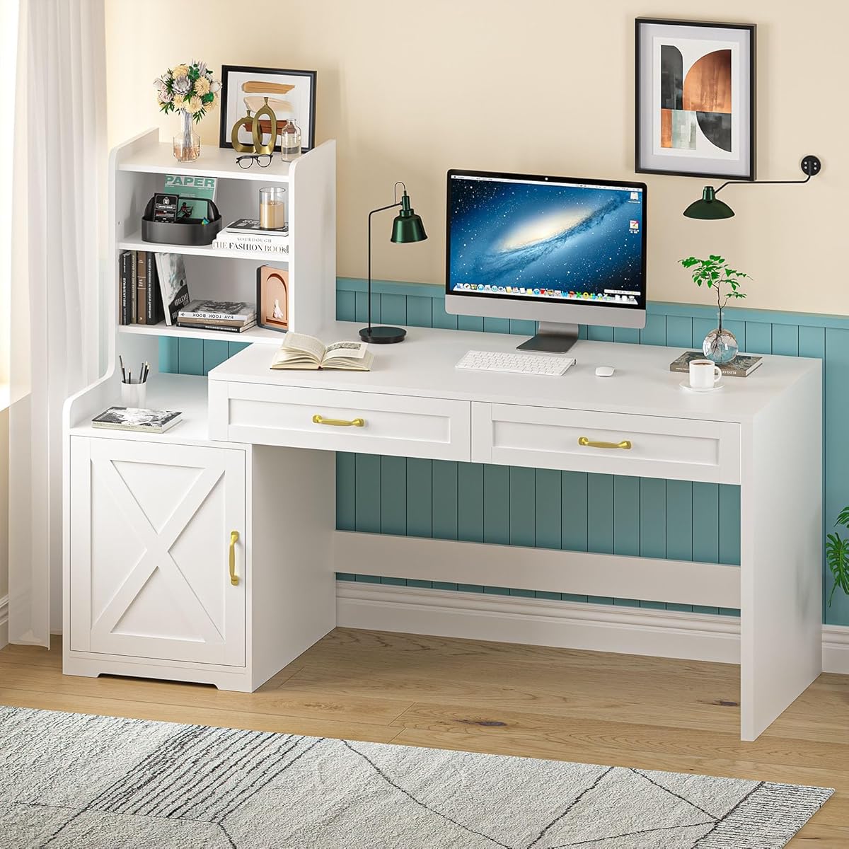 60" Computer Desk with Drawers & Bookshelves, Home Office Desk with Storage Cabinet & Spacious Desktop, Writing Gaming Study Table with Bookcase, White