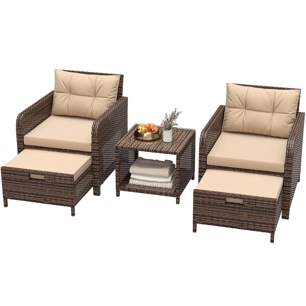 Balcony Furniture Set 5 Piece Patio Conversation Set, PE Wicker Outside Furniture with Soft Cushions & Coffee Table, Outdoor Lounge Chairs with Ottoman for Porch, Lawn, Balcony, Coffee-Beige