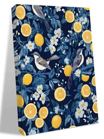 NuYeBiofx Summer Fruit Lemons Birds Canvas Wall Art Prints,40"x28" Framed Picture Artwork White Flowers Blue Leaves Printed Canvas Oil Painting for Living Room Bedroom Office,Ready to Hang