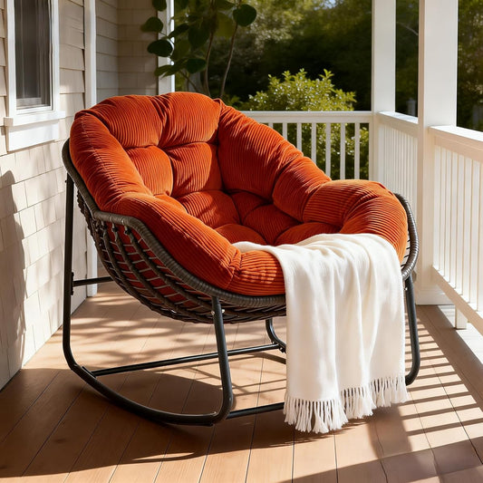 Burnt orange oversized outdoor papasan rocking egg chair with cushion