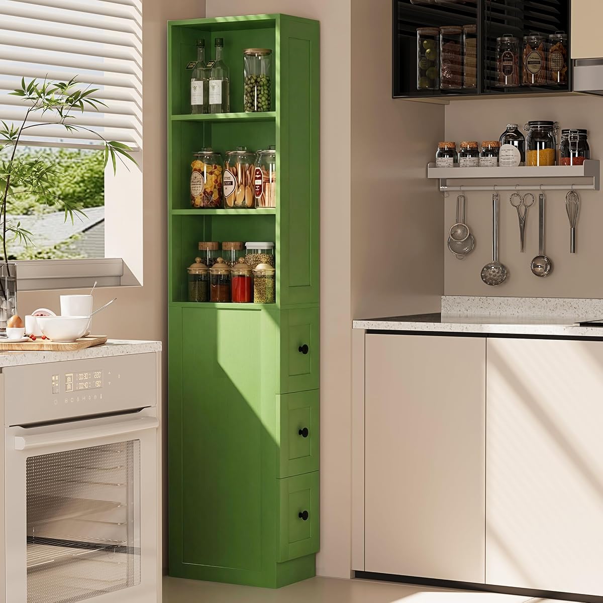 Tall Narrow Storage Cabinet, Anti-Tipping Floor Cabinet with 2 Adjustable Shelves & 3-Level Drawers for Small Space, Home, Bathroom, Kitchen, Laundry (White) (Green)