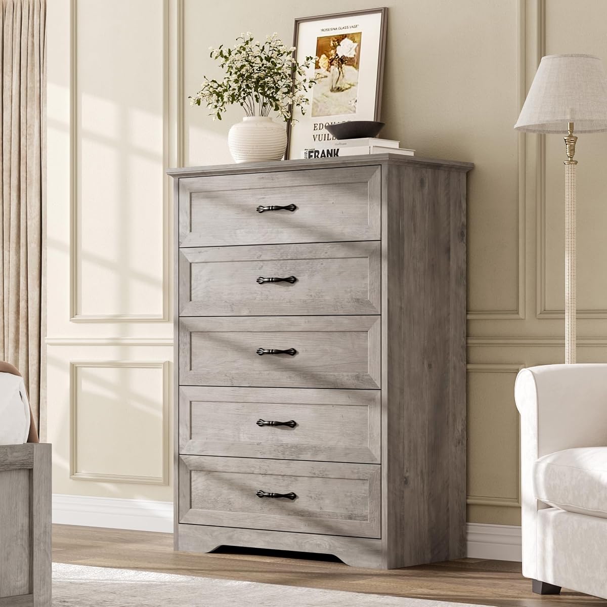 Farmhouse Wood 43.9" Tall 5 Drawer Dresser for Bedroom, Grey