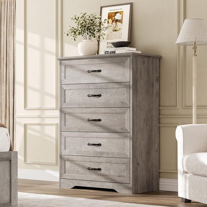 Farmhouse Wood 43.9" Tall 5 Drawer Dresser for Bedroom, Grey