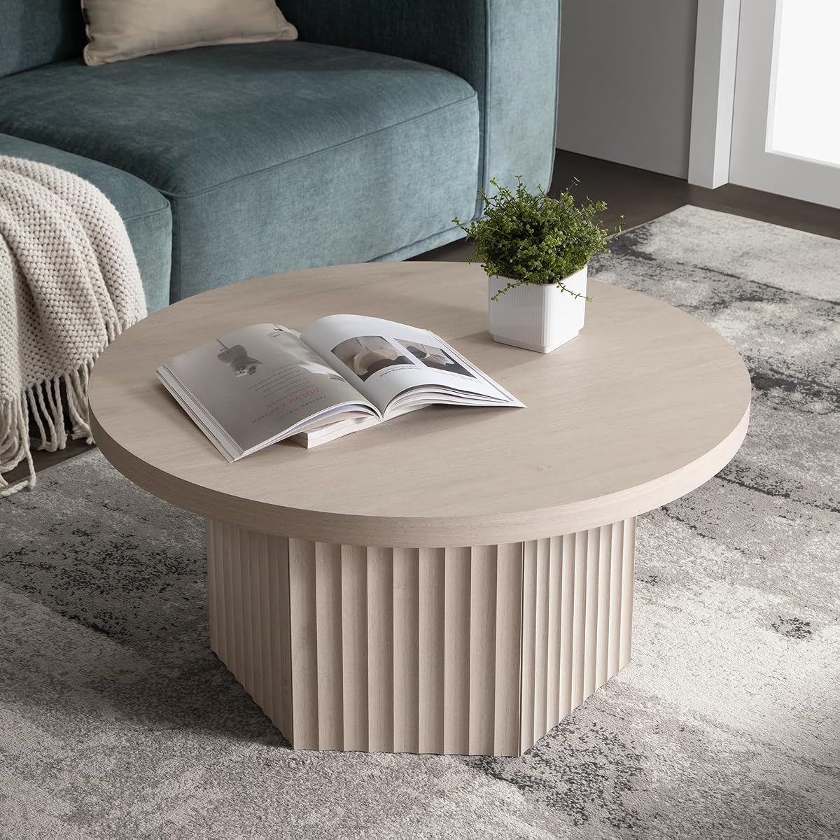 32" Modern Round Coffee Table Mid Century Fluted Coffee Table | with Storage Accent Center Table for Living Room, Small Space, Apartment, White Alder