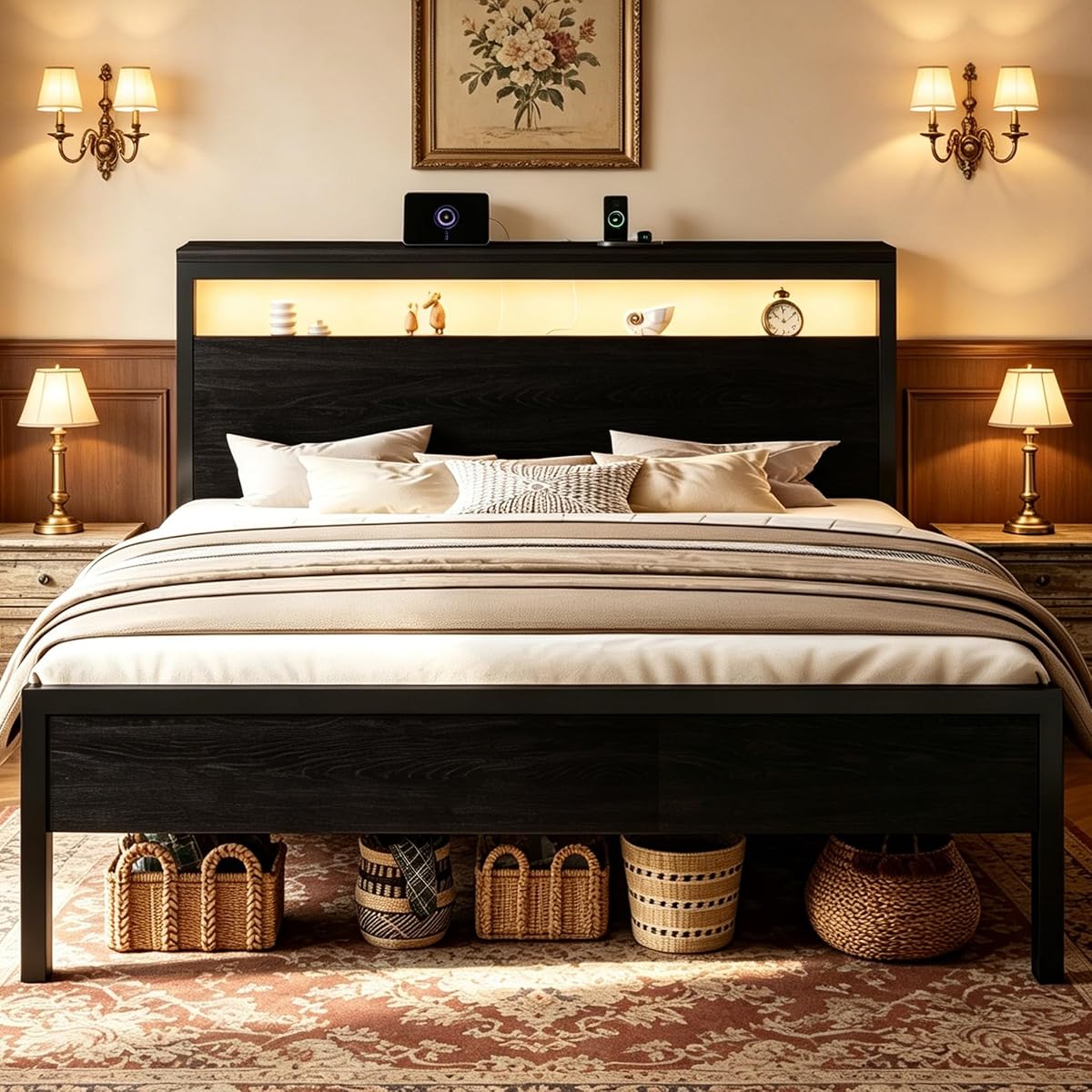 King Bed Frame, 2-Tier Storage Headboard, LED, Charging Station