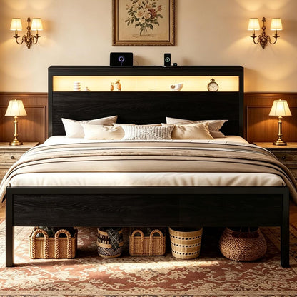 King Bed Frame, 2-Tier Storage Headboard, LED, Charging Station