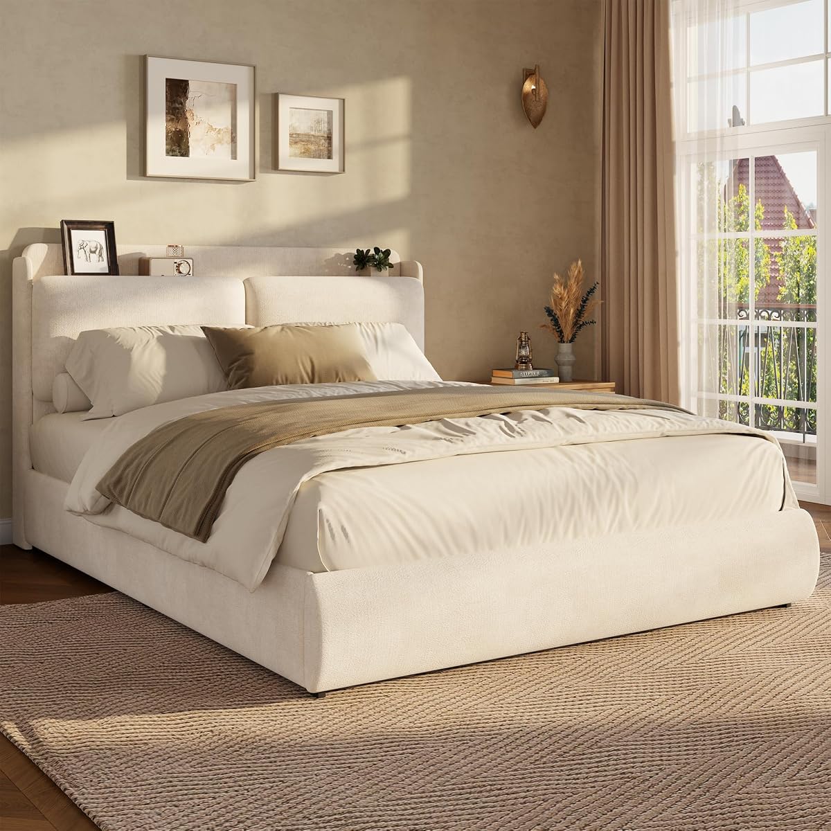 Queen Upholstered Bed Frame with Shelf & Drawers- Beige