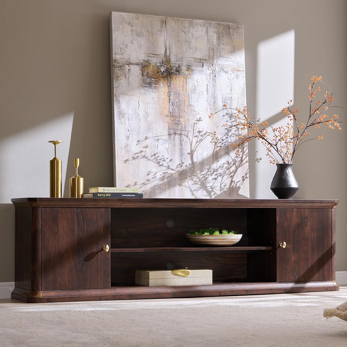 Modern 70" TV Stand w/Storage, Wood Curved TV Console, Brown