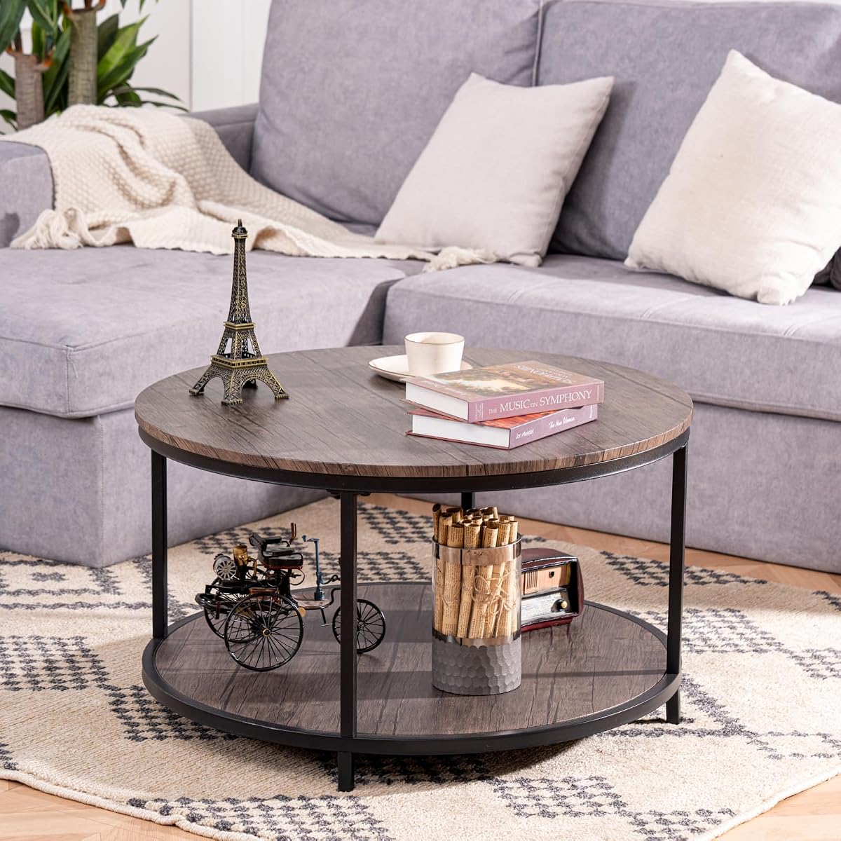Round Coffee Table, 30" Rustic Coffee Table,Cocktaile Table with 2-Tier Wooden Storage Shelf, Modern Living Room Furniture, Brown