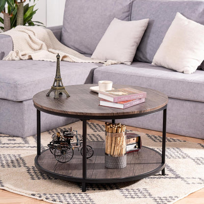 Round Coffee Table, 30" Rustic Coffee Table,Cocktaile Table with 2-Tier Wooden Storage Shelf, Modern Living Room Furniture, Brown