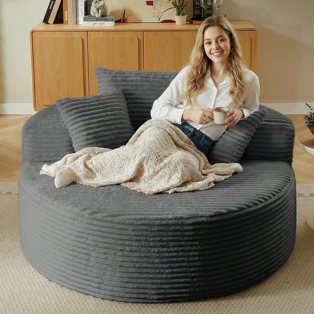 55'' Oversized Round Chaise Lounge Chair Indoor, Corduroy Sponge Deep Seat Single Sofa, Cloud Large Round Chairs, Modern Sleeper Chair for Living Room, Wide Armrest Chairs, No Assembly Required Gray