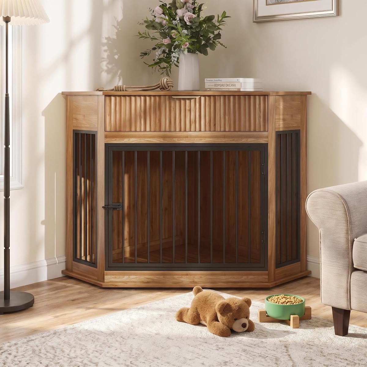 Corner Dog Crate Furniture for Small Dogs, Kennel End Table with Drawer