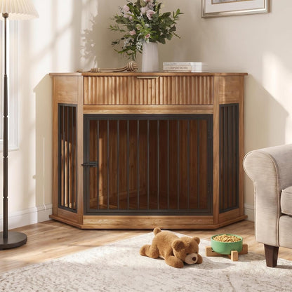 Corner Dog Crate Furniture for Small Dogs, Kennel End Table with Drawer