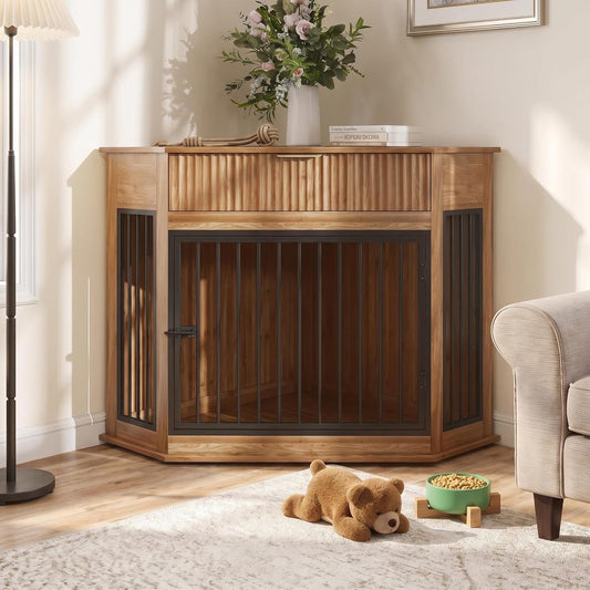 Corner Dog Crate Furniture for Small Dogs, Kennel End Table with Drawer