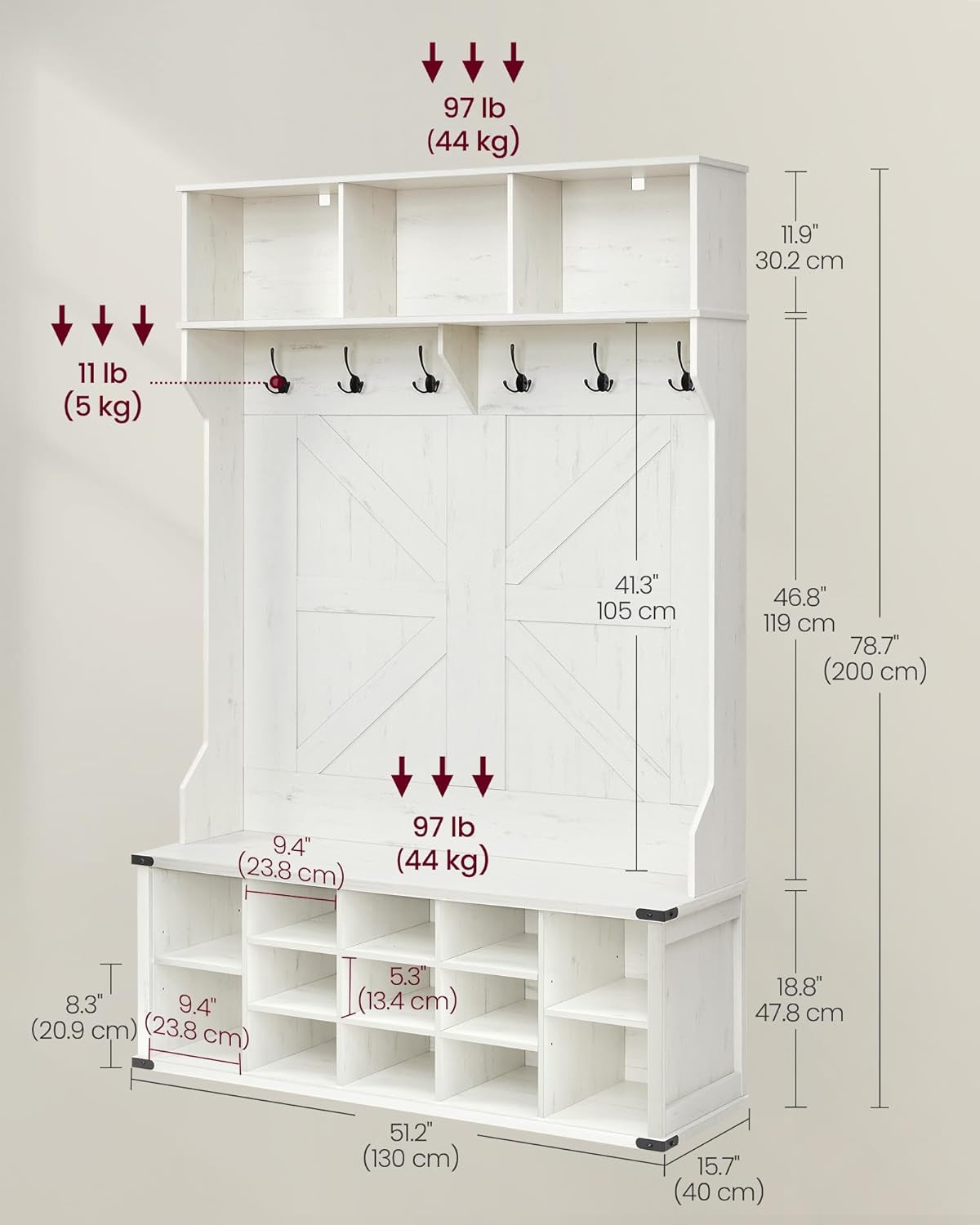 Hall Tree with Bench and Shoe Storage, Coat Rack with Shoe Bench, Entryway Furniture, 16 Open Compartments, 6 Tri-Hooks, Farmhouse Style, Space Saving, Rustic White UHSR427W02