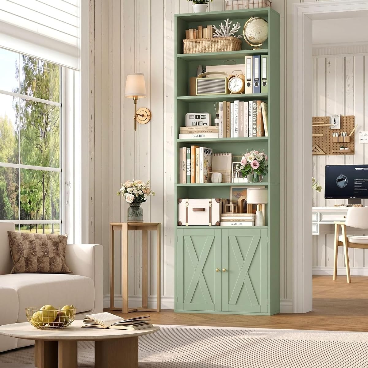 82" Tall Bookcase, Farmhouse Bookshelf with Doors, Green