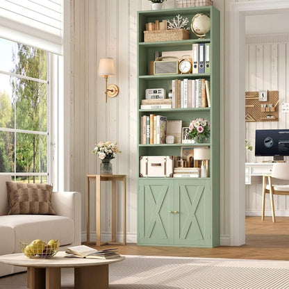 82" Tall Bookcase, Farmhouse Bookshelf with Doors, Green