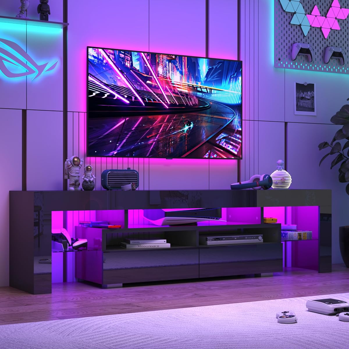 70in LED TV Stand for 75/80/85 inch TV, Modern Black TV Stands for Living Room