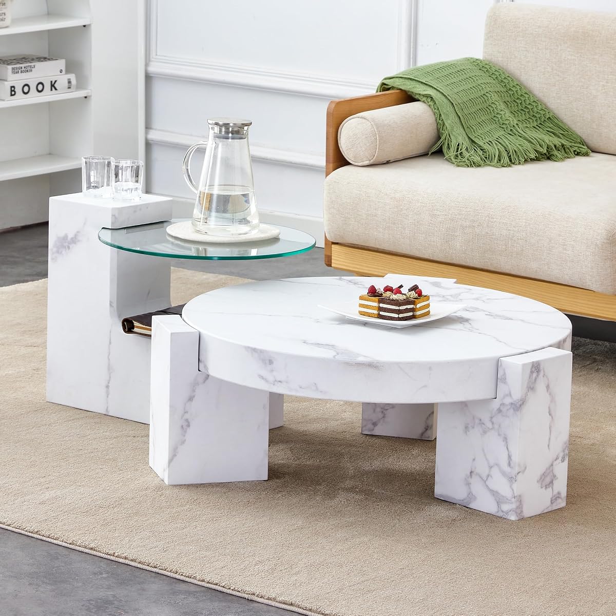 A Modern, Fashionable, and Marble texturedcoffee Table with a Side Table. Match with Multiple Scenes. Suitable for Living Room and Bedroom.