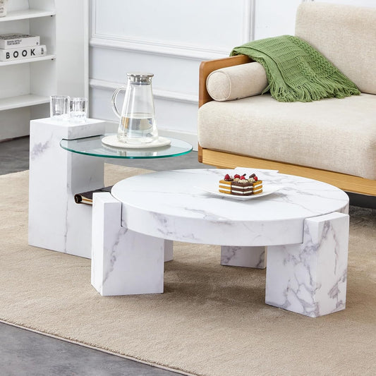 A Modern, Fashionable, and Marble texturedcoffee Table with a Side Table. Match with Multiple Scenes. Suitable for Living Room and Bedroom.