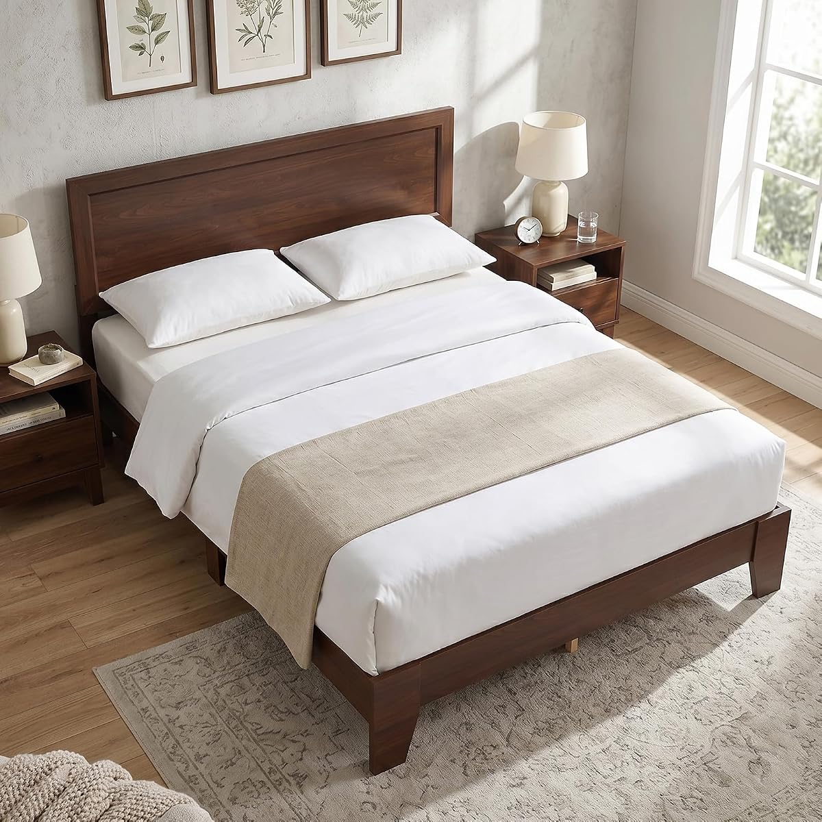 Queen Size Bed Frame, Mid-Century Modern Platform Bed with Headboard