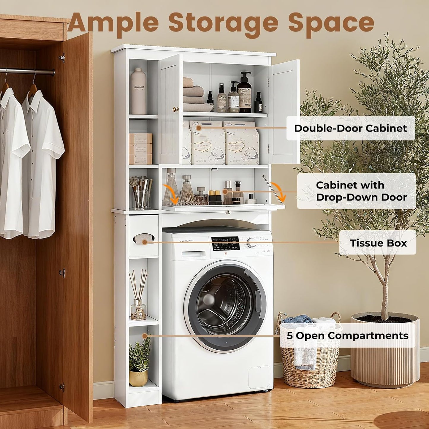 over the Toilet Storage Cabinet, 31.5''W Freestanding Space Saver with Doors, Adjustable Shelf & Toilet Paper Holder, over Toilet Bathroom Organizer for Laundry, Restroom, White