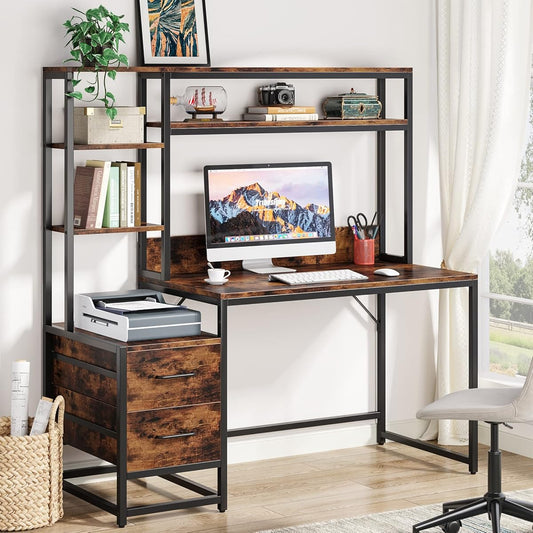 Tribesigns 55 Inch Computer Desk with 2 Drawers and Storage Shelves, Rustic Office Desk with Hutch, Study Writing Gaming Table Laptop Workstation for Home Office (Brown)