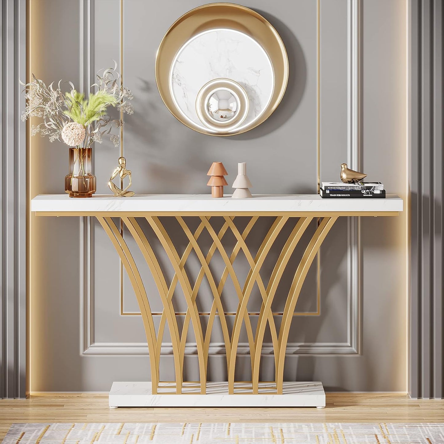 59 Inch Gold Console Table, Modern Entryway Table with Grid-Shaped Metal Base for Entrance, Hallway, Entryway, Living Room(White Faux Marble & Gold)