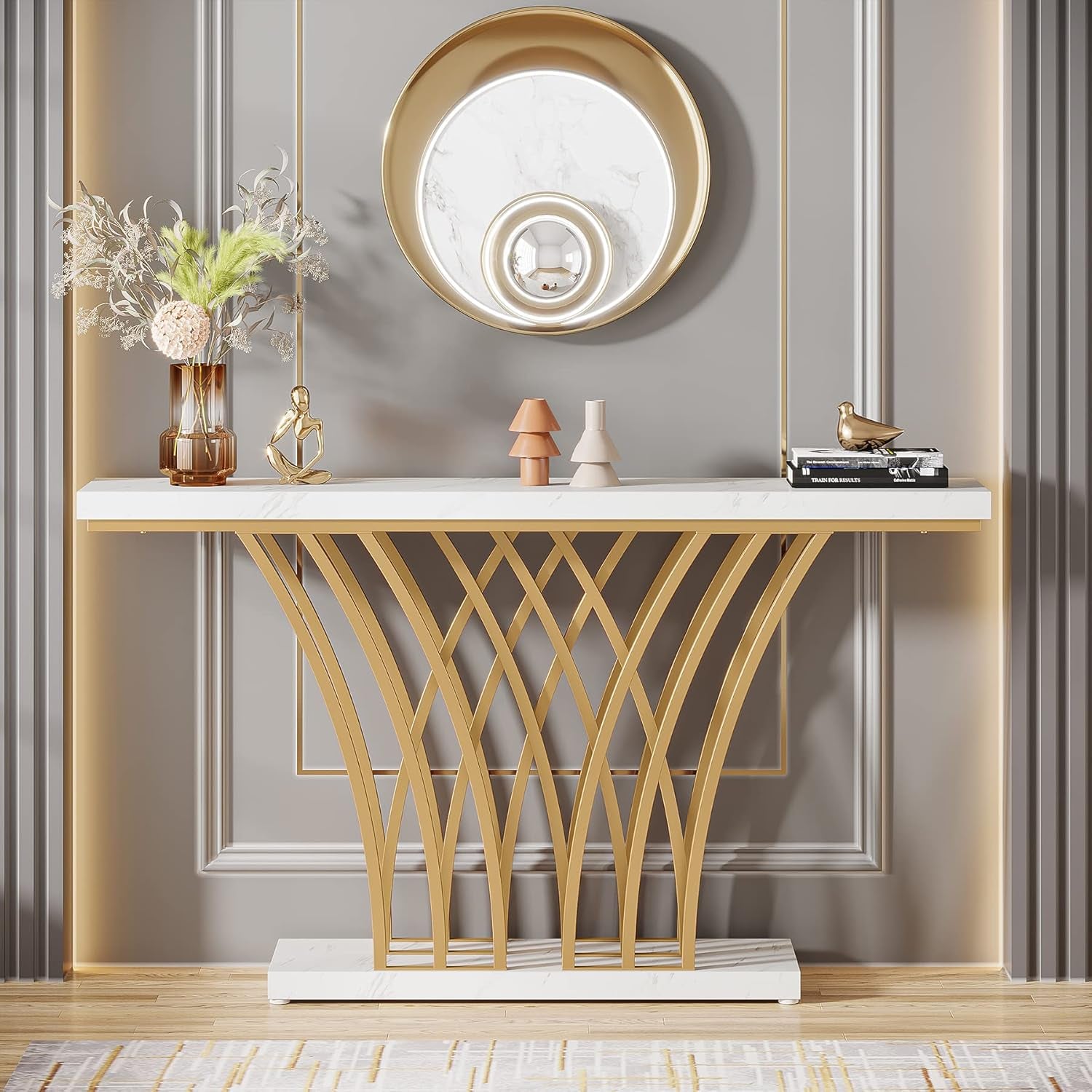 59 Inch Gold Console Table, Modern Entryway Table with Grid-Shaped Metal Base for Entrance, Hallway, Entryway, Living Room(White Faux Marble & Gold)