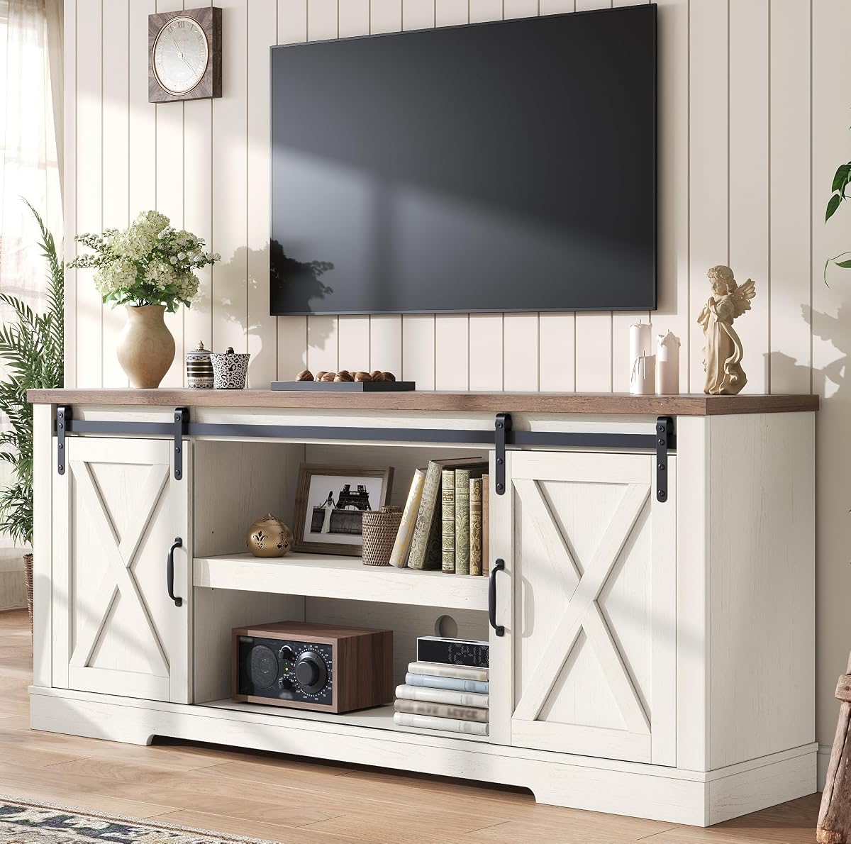 66” TV Stand for 65 Inch TV, Farmhouse Entertainment Center with Storage Cabinets and Adjustable Shelf & Feet, Modern TV Console Table for Living Room or Bedroom, Rustic White & Honey Brown