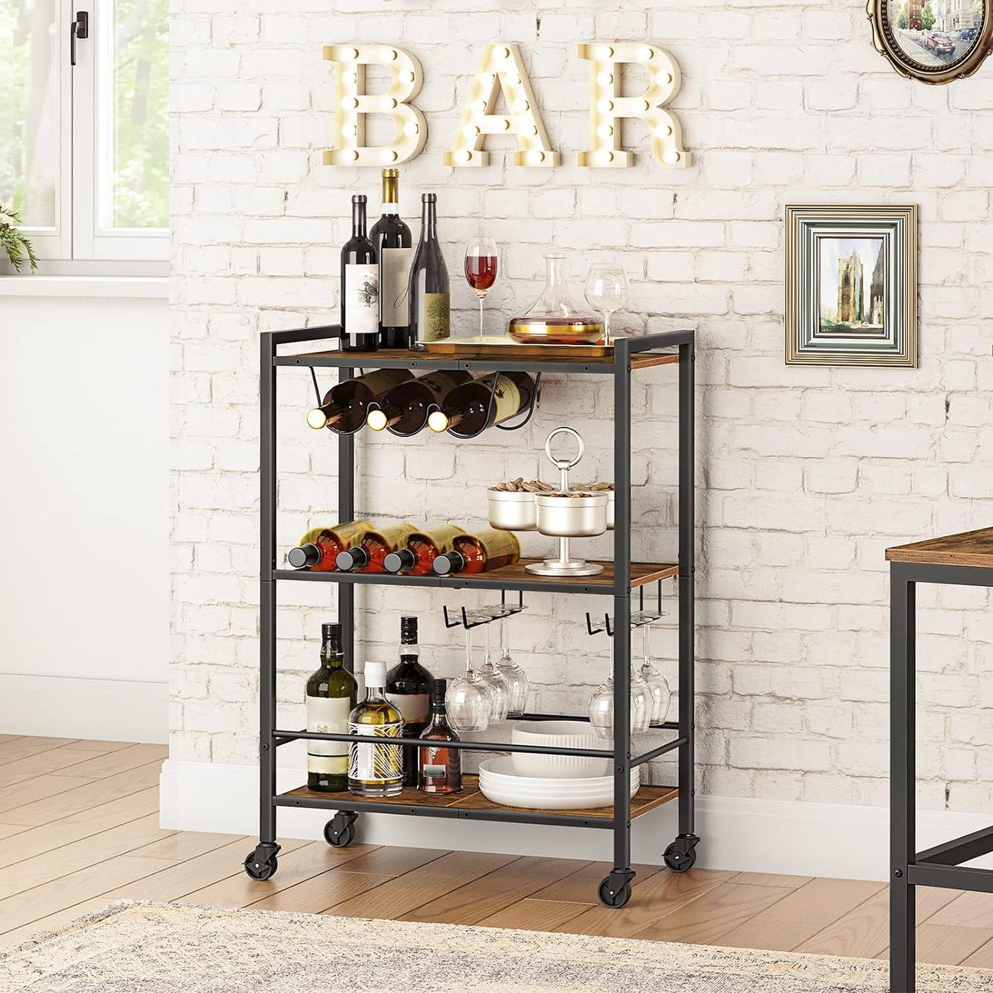 Bar Cart, 3-Tier Coffee Cart with Wheels, Kitchen Cart, Wine Cart with Wine Rack and Glass Holder, Rolling Serving Cart for Home, Living Room, Party, Bar, Rustic Brown and Black BF35TC01G1