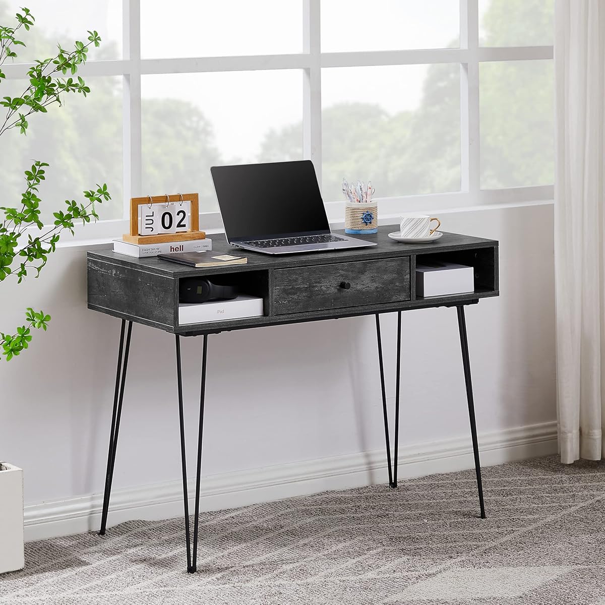 39.3" Home Office Work Table with Drawers,Computer Desk with Hairpin Leg for Writing/Study,Charcoal Grey