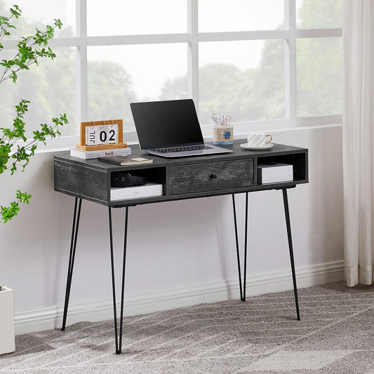 39.3" Home Office Work Table with Drawers,Computer Desk with Hairpin Leg for Writing/Study,Charcoal Grey
