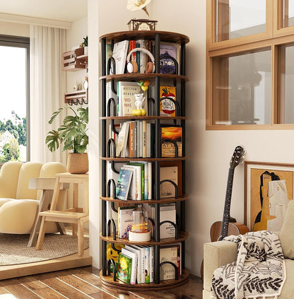 6 Tier Rotating Bookshelf Tower, Revolving Bookcase, Rustic Brown