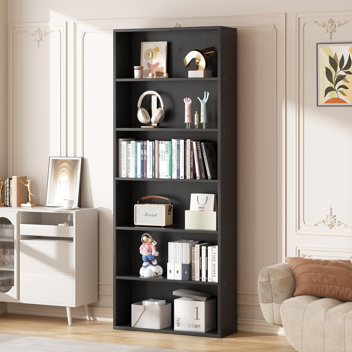 6-Tier Open Bookcase and Bookshelf, Floor Standing Wood Display Storage Shelves 71 Inch Tall Bookcase Home Decor Furniture for Home Office, Living Room, Bed Room, Black