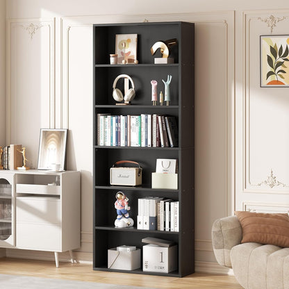 6-Tier Open Bookcase and Bookshelf, Floor Standing Wood Display Storage Shelves 71 Inch Tall Bookcase Home Decor Furniture for Home Office, Living Room, Bed Room, Black
