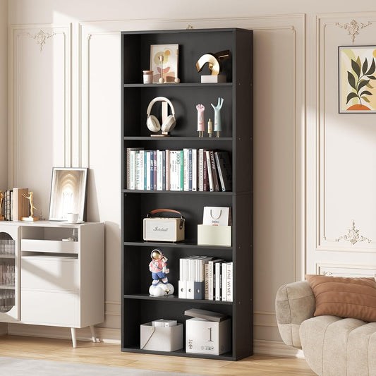 6-Tier Open Bookcase and Bookshelf, Floor Standing Wood Display Storage Shelves 71 Inch Tall Bookcase Home Decor Furniture for Home Office, Living Room, Bed Room, Black