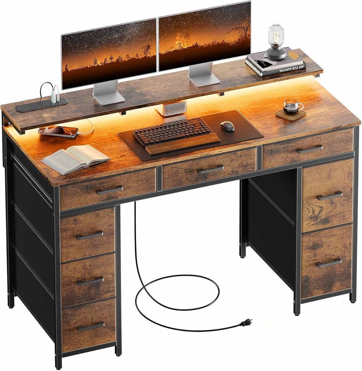 47 inch Computer Desk with 8 Storage Drawers, Gaming Desk with LED Lights & USB Power Outlets, Home Office Table with Monitor Stand, Study Writing Work Table for Bedroom, Rustic Brown