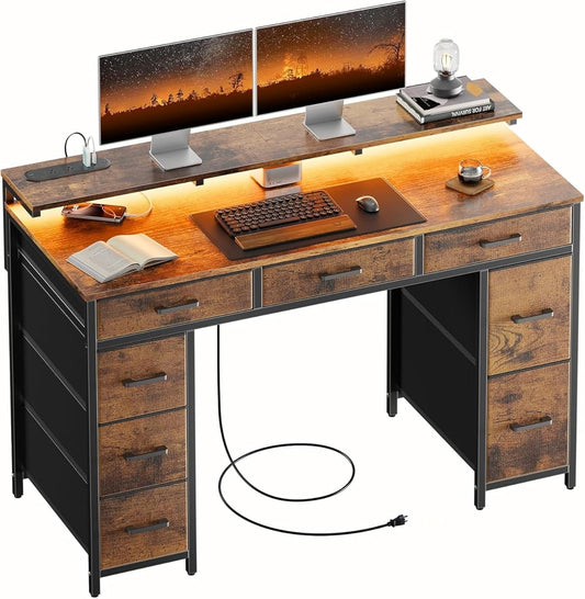 47 inch Computer Desk with 8 Storage Drawers, Gaming Desk with LED Lights & USB Power Outlets, Home Office Table with Monitor Stand, Study Writing Work Table for Bedroom, Rustic Brown
