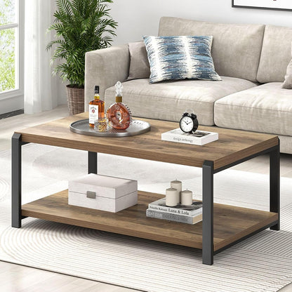 Modern Coffee Table, Rustic Wood and Metal Center Table for Living Room, Industrial Rectangle Cocktail Tea Table with Storage, Oak