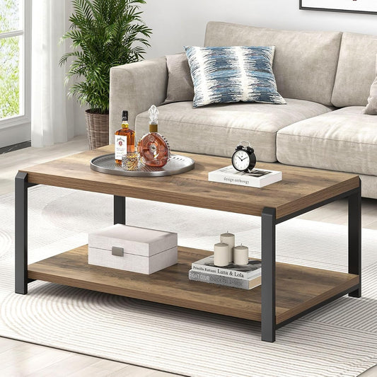 Modern Coffee Table, Rustic Wood and Metal Center Table for Living Room, Industrial Rectangle Cocktail Tea Table with Storage, Oak