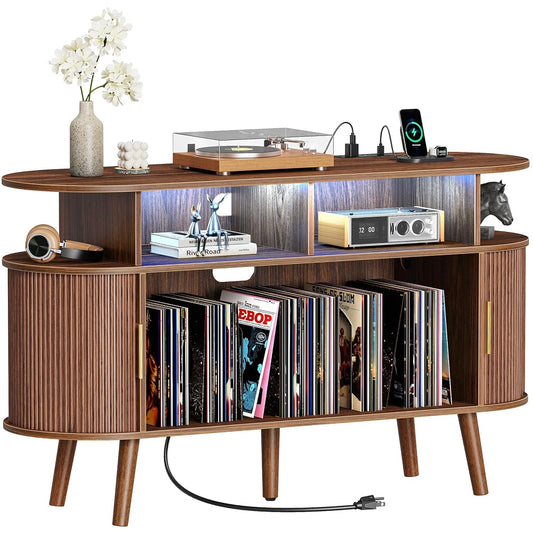 47.2 Inch Large Record Player Stand with Power Outlets & 3-Color Lights