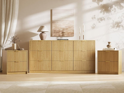 3-Piece Dresser Bedroom Set, 9 Drawer Dresser & 2 Drawer Nightstands with Gold Handles, Fluted Wood Chest of Drawers for Bedroom, Living Room, Entryway, Nature