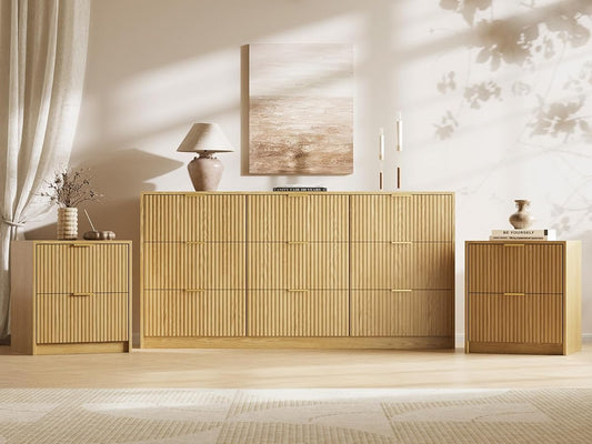 3-Piece Dresser Bedroom Set, 9 Drawer Dresser & 2 Drawer Nightstands with Gold Handles, Fluted Wood Chest of Drawers for Bedroom, Living Room, Entryway, Nature