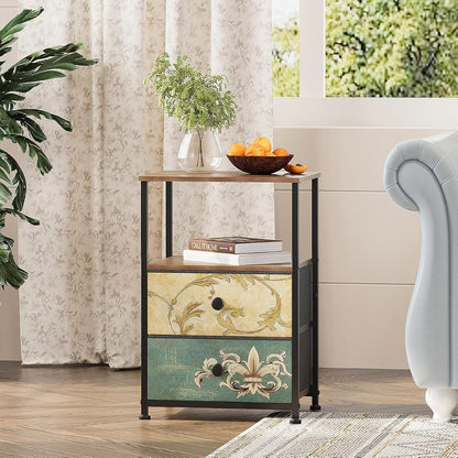 Nightstand with 2 Fabric Drawers Retro Flower End Table Side Table with Open Storage Shelf for Bedroom Living Room Sofa Beside Vintage