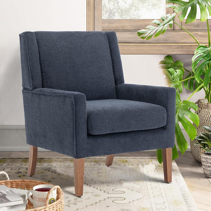 Modern Wingback Living Room Chair, Upholstered Fabric Accent Armchair, Single Sofa Chair with Lounge Seat and Wood Legs for Bedroom/Office/Reading Spaces, Blue