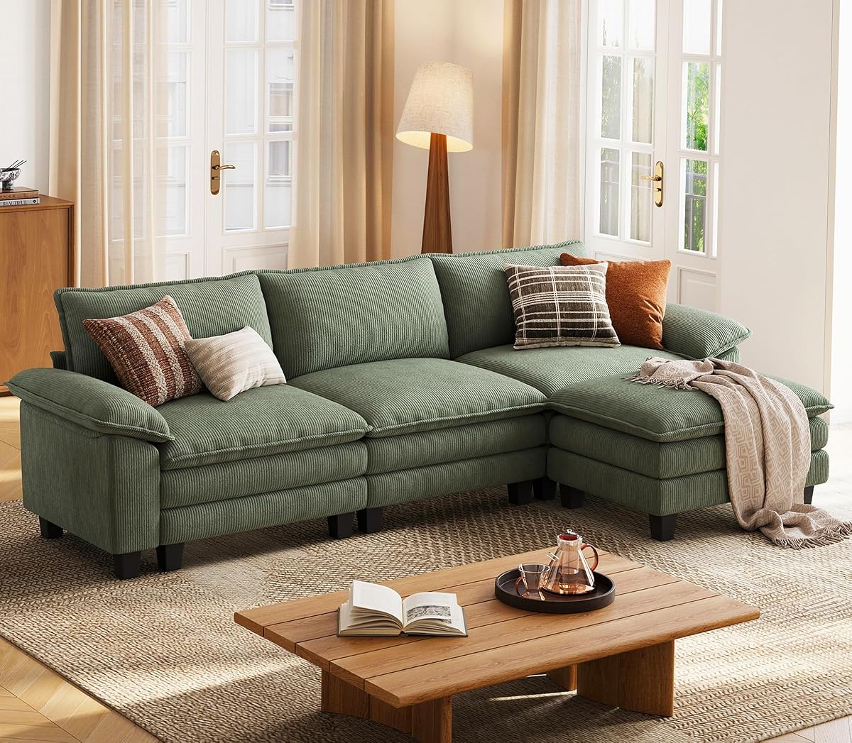 123'' Modular Sectional Sofa 3 Seat Couch Corduroy Cloud Couch with Deep Seat, Modern L-Shaped Cloud Couch with 1 Movable Ottoman for Living Room, Office, Bedroom, Green