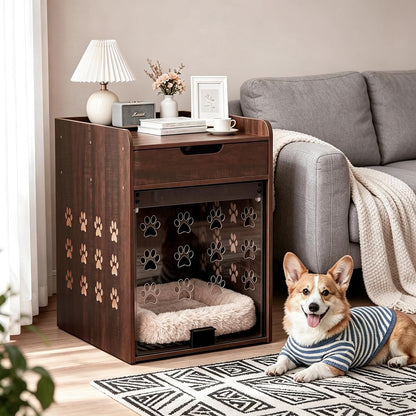 Wooden Dog Crate Furniture with Charging Station, Small Dog Crate End Table