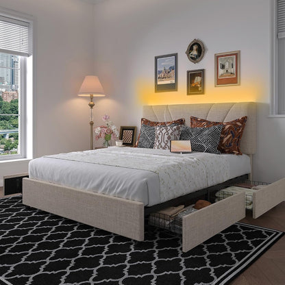 Queen Bed Frame with Drawers/Charging Station/LED Light, Beige